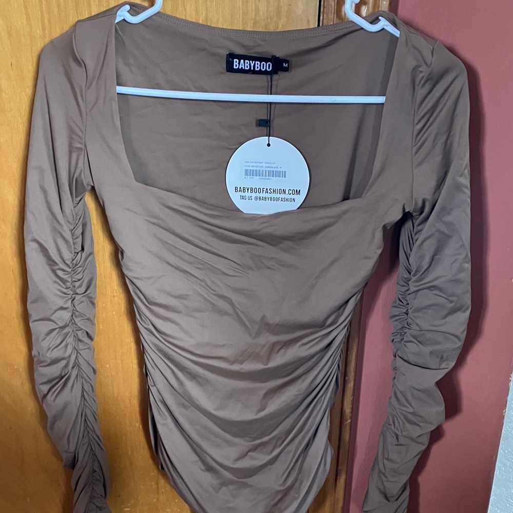 Babyboo Women's Tan Ruched Long Sleeve Blouse